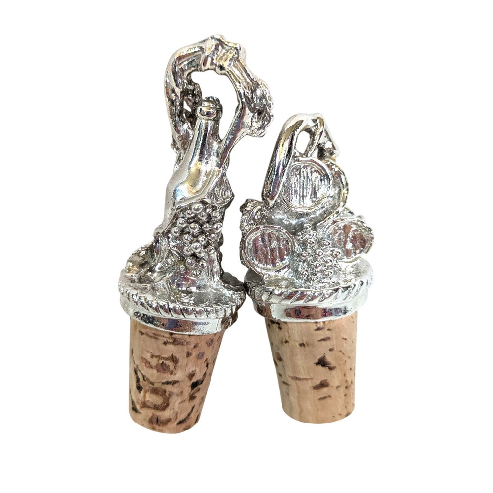 VTG Style Silver Wine Stoppers Set of 2 Grapes Barrel Bottle Cork Vineyard Decor